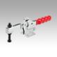 Toggle clamps horizontal with flat foot and adjustable clamping spindle