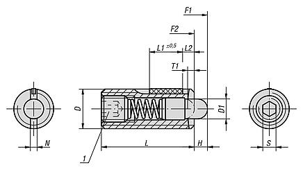 Spring plungers with hex socket and POM thrust pin, stainless steel, with thread lock - inch