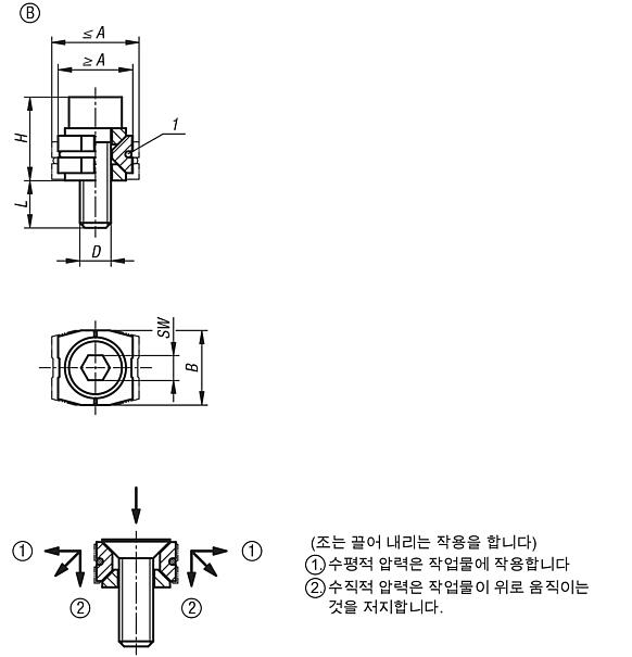 웨지 클램프, 스틸, 웨지 표면 있음, 원통형 나사 있음, B형