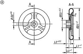 Spoked handwheels, sheet stainless steel, Form A 3 spokes