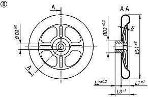 Spoked handwheels, sheet stainless steel, Form B 4 spokes