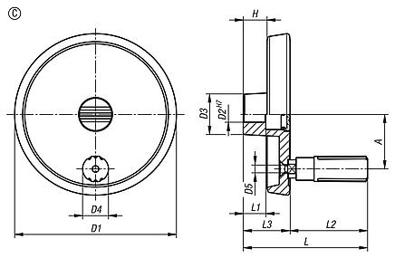 Disc handwheels, aluminium with revolving cylindrical grip, Form C with reamed hole and keyway