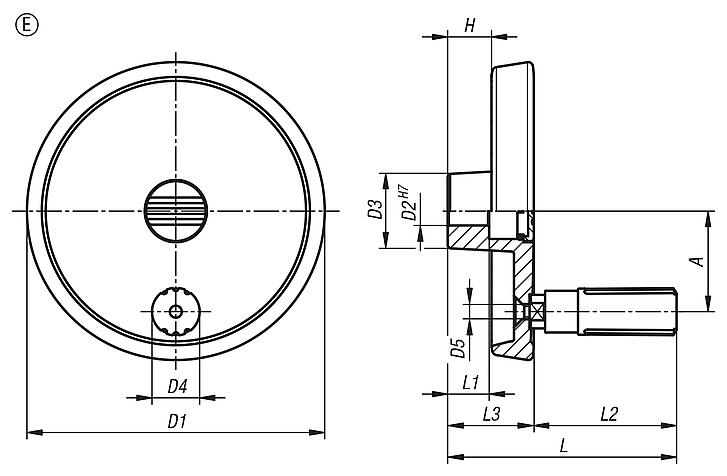 Disc handwheels, aluminium with revolving cylindrical grip, Form E with reamed hole