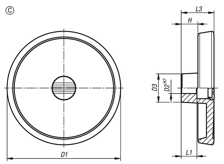Disc handwheels, aluminium, without grip, Form C with reamed hole and keyway