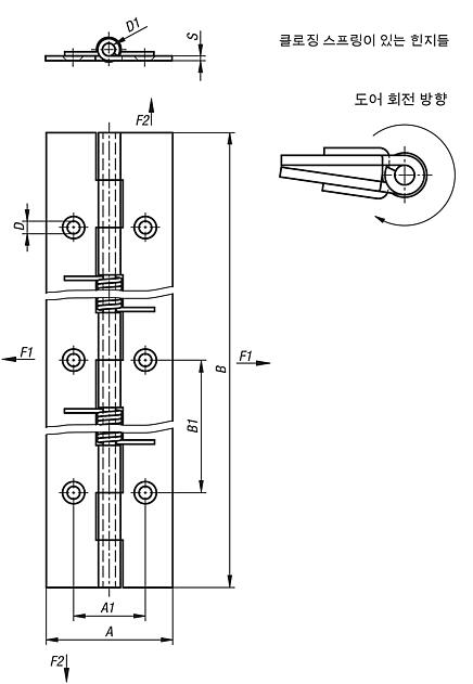 스프링 힌지 스틸 혹은 스테인레스 스틸 소재, 180mm, 스프링 잠김