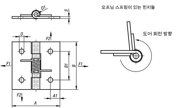 스프링 힌지스틸, 스테인리스 스틸 혹은 알루미늄, 50 mm, 스프링 열림