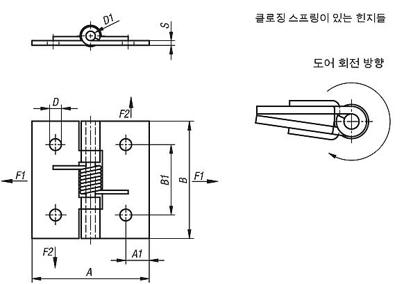 스프링 힌지스틸, 스테인리스 스틸 혹은 알루미늄, 50 mm, 스프링 잠김