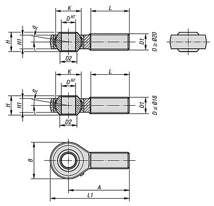 슬라이딩 베어링 조인트 헤드 수나사, 스틸, DIN ISO 12240-1, 재윤활 가능