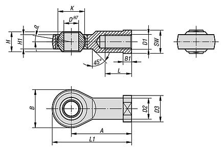슬라이딩 베어링 조인트 헤드 수나사, 좁은 타입 DIN ISO 12240-1, 유지보수 불필요
