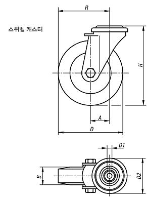 솔리드 고무 타이어가 있는 장치용 스위벨 캐스터, 표준 사양