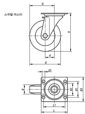 내마모성 폴리우레탄 휠 스레드가 있는 시트 스틸 스위벨 캐스터, 표준 사양