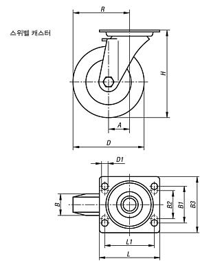 Extrathane 휠 스레드가 있는 시트 스틸 스위벨 캐스터, 중중량 사양