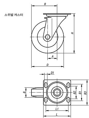 Extrathane 휠 스레드가 있는 시트 스틸 스위벨 캐스터, 고중량 사양
