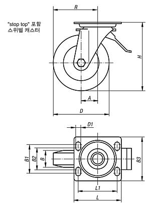 stop-top이 있는 스틸 용접 스위벨 캐스터, Extrathane 휠 스레드 포함, 고중량 사양