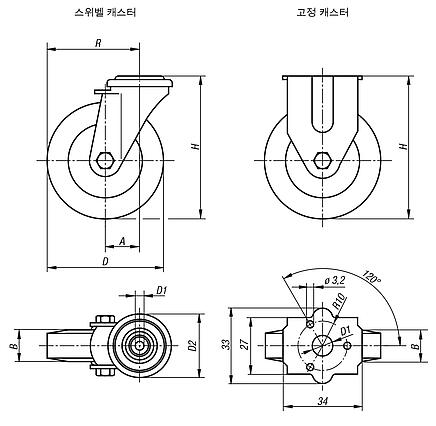 솔리드 고무 타이어가 있는 장치용 스위벨 및 고정 캐스터, 표준 사양