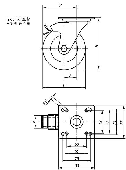 stop-fix가 있는 시트 스틸 스위벨 캐스터, 표준 솔리드 고무 타이어 포함, 고중량 사양