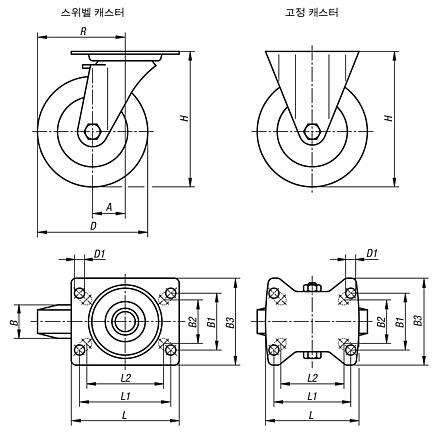 시트 스틸 스위벨 및 고정 캐스터, 전기 전도성, 고무 휠 스레드 포함, 표준 사양