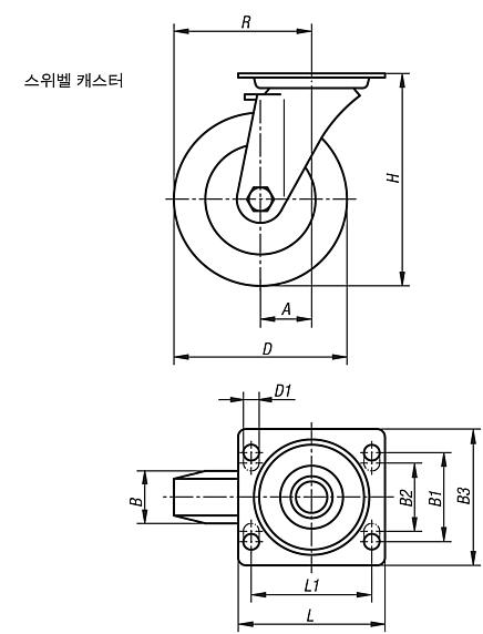 솔리드 고무 타이어가 있는 시트 스틸 스위벨 캐스터, 표준 사양