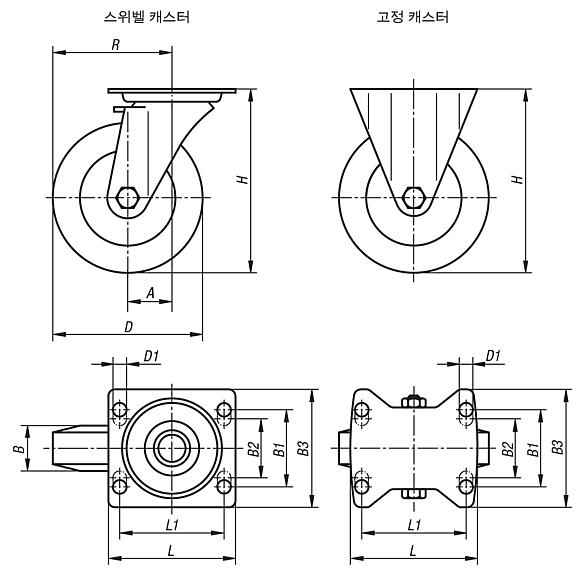 가황 탄성 솔리드 고무 타이어가 있는 시트 스틸 스위벨 및 고정 캐스터, 표준 사양