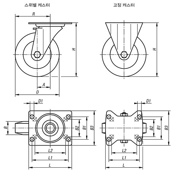 강판 스위벨 캐스터 및 고정 캐스터 연질 고무 타이어 포함