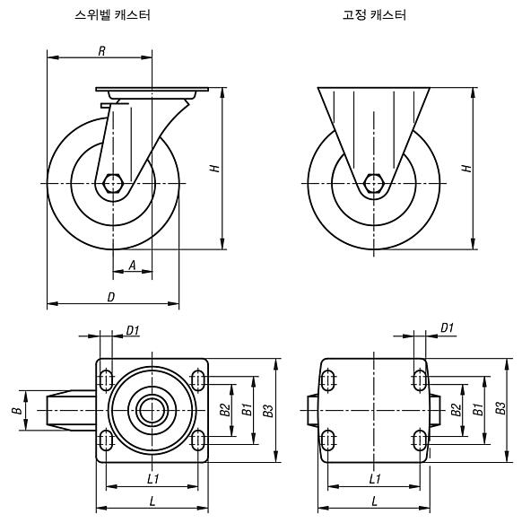 Extrathane 휠 스레드가 있는 스틸 용접 스위벨 및 고정 캐스터, 고중량 사양