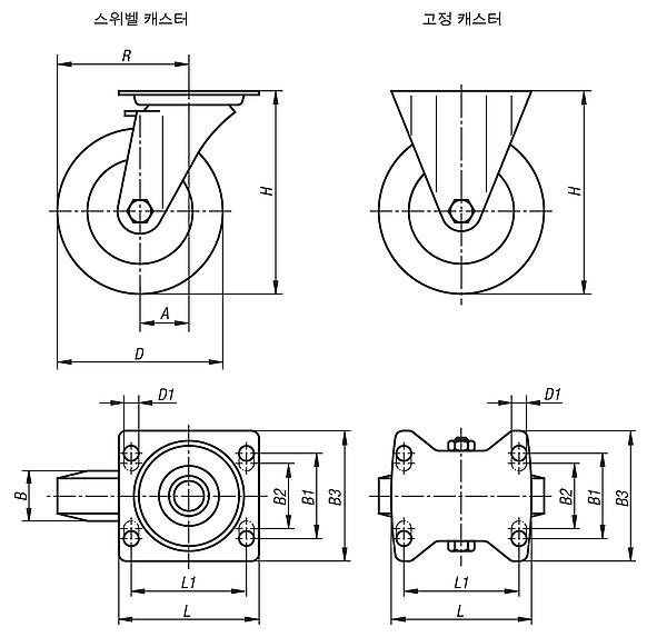 폴리아미드 휠이 있는 시트 스틸 스위벨 및 고정 캐스터, 표준 사양