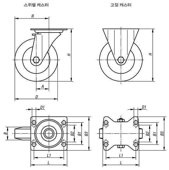 폴리아미드 휠이 있는 시트 스틸 스위벨 및 고정 캐스터, 고중량 사양, 플레인 및 볼 베어링