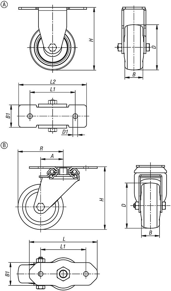 Swivel and fixed equipment castors, steel with TPU tread, for aluminium profiles