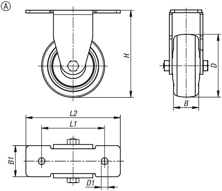 Swivel and fixed equipment castors, steel with TPU tread, for aluminium profiles, Form A