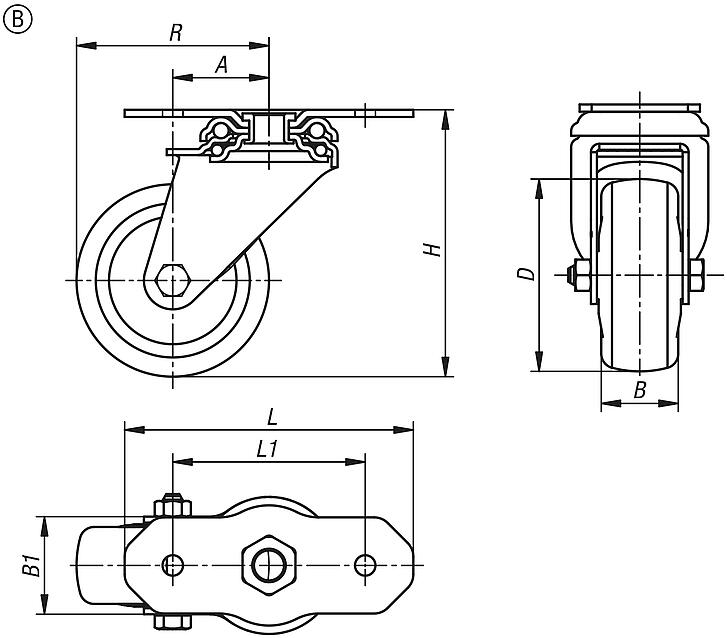 Swivel and fixed equipment castors, steel with TPU tread, for aluminium profiles, Form B