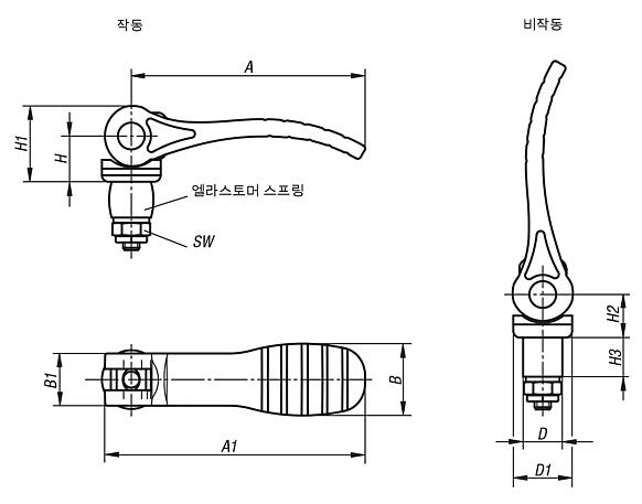 플라스틱 압력 디스크와 스틸 스터드 나사가 있는 엘라스토머 잠금장치가 있는 플라스틱 편심 레버