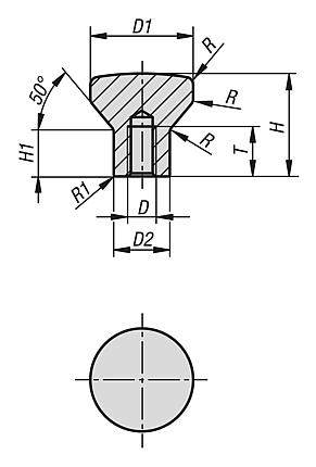 버섯모양 노브, 암나사, 높은 플랜지 있음, Hygienic USIT® 실링 와셔 및 평면 와셔용, Freudenberg Process Seals