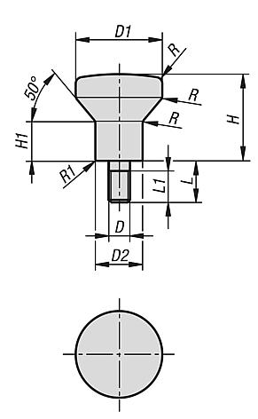 버섯모양 노브, 수나사, 높은 플랜지 있음, Hygienic USIT® 실링 와셔 및 평면 와셔용, Freudenberg Process Seals